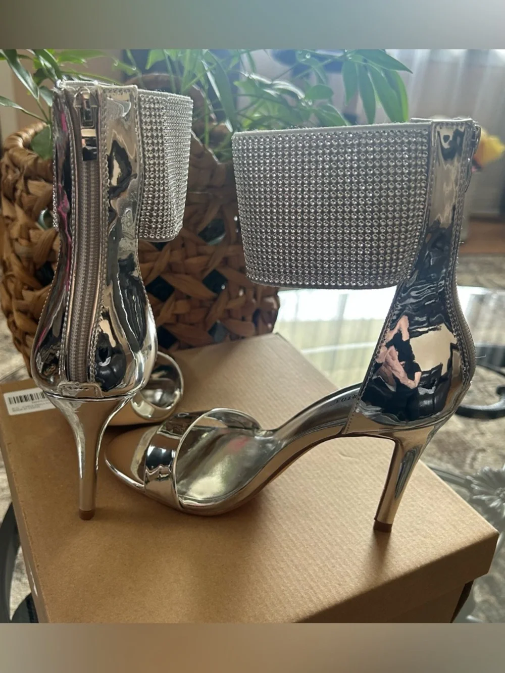 Carlkarida Silver Crystal Ankle-Cuff Stiletto Sandals